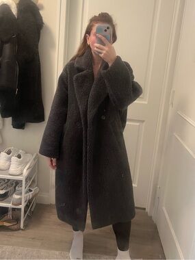 Abercrombie & Fitch Oversized Long-Length Sherpa Teddy Coat, Dark Grey - M